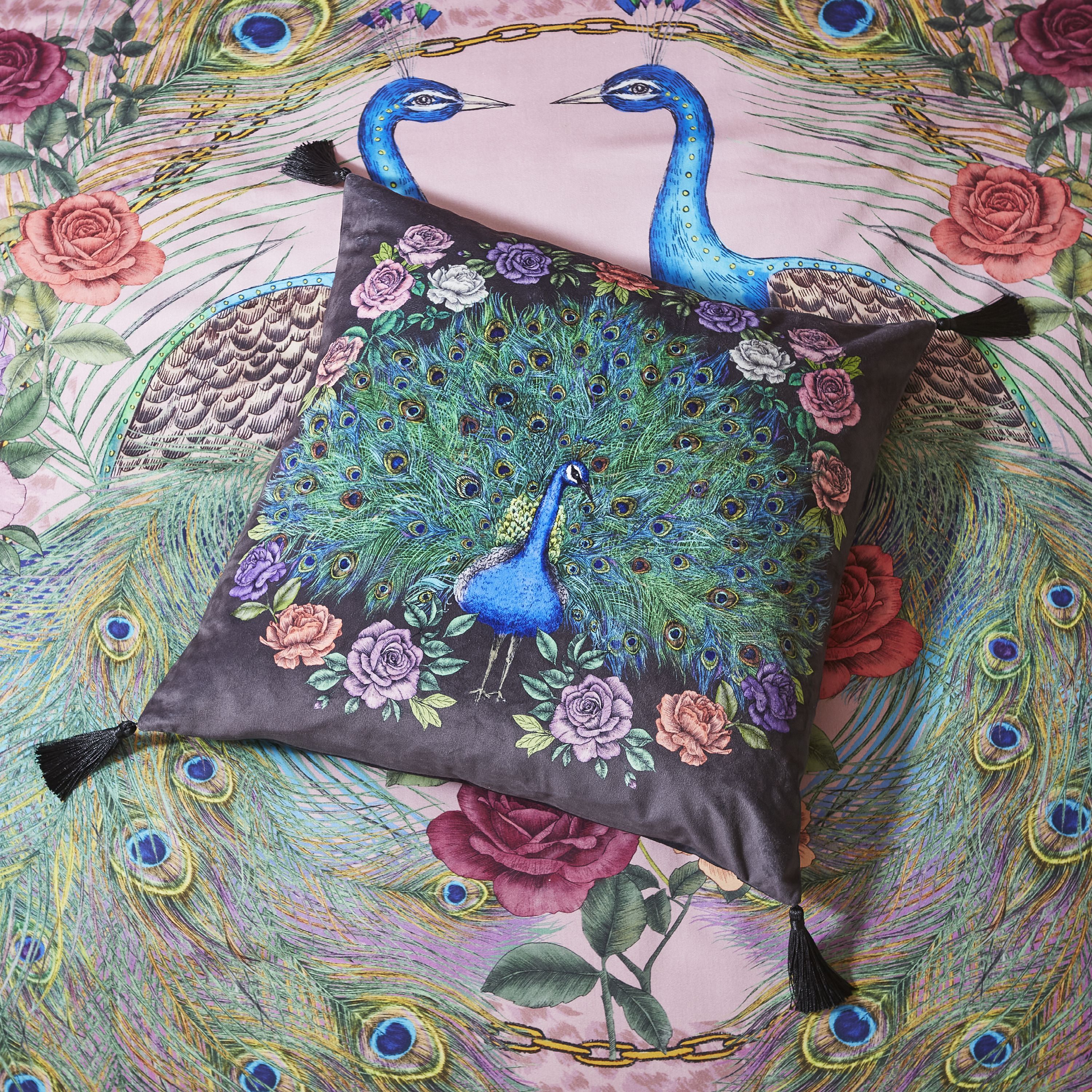 Peacock Bloom Tassel Cushion By Matthew Williamson In Black